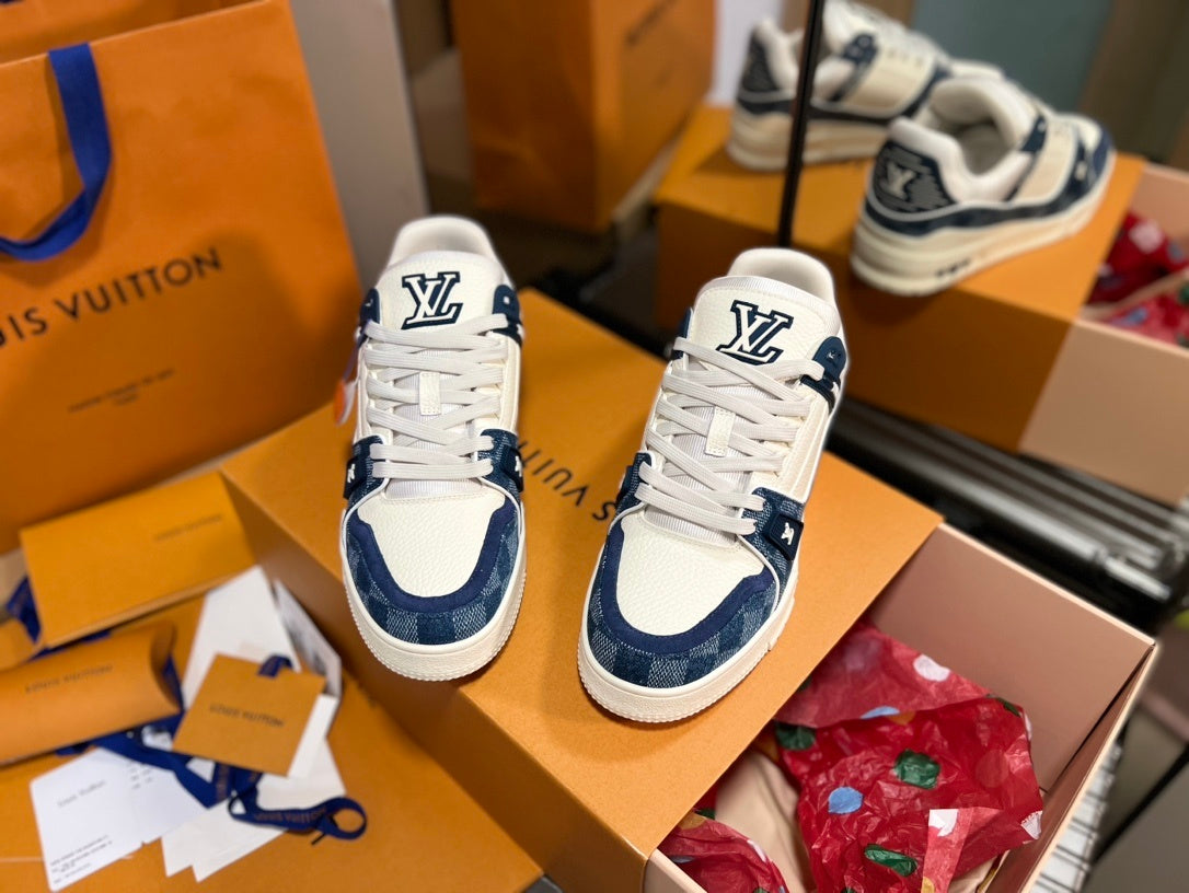 Louis Vuitton LV Trainer Sneaker Monogram Denim White Blue - New In Box