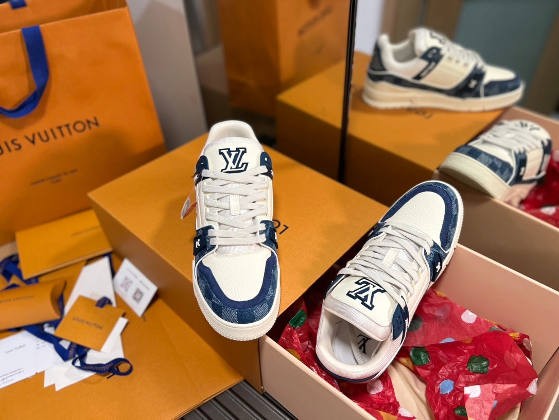 Louis Vuitton LV Trainer Sneaker Monogram Denim White Blue - New In Box