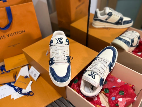 Louis Vuitton LV Trainer Sneaker Monogram Denim White Blue - New In Box