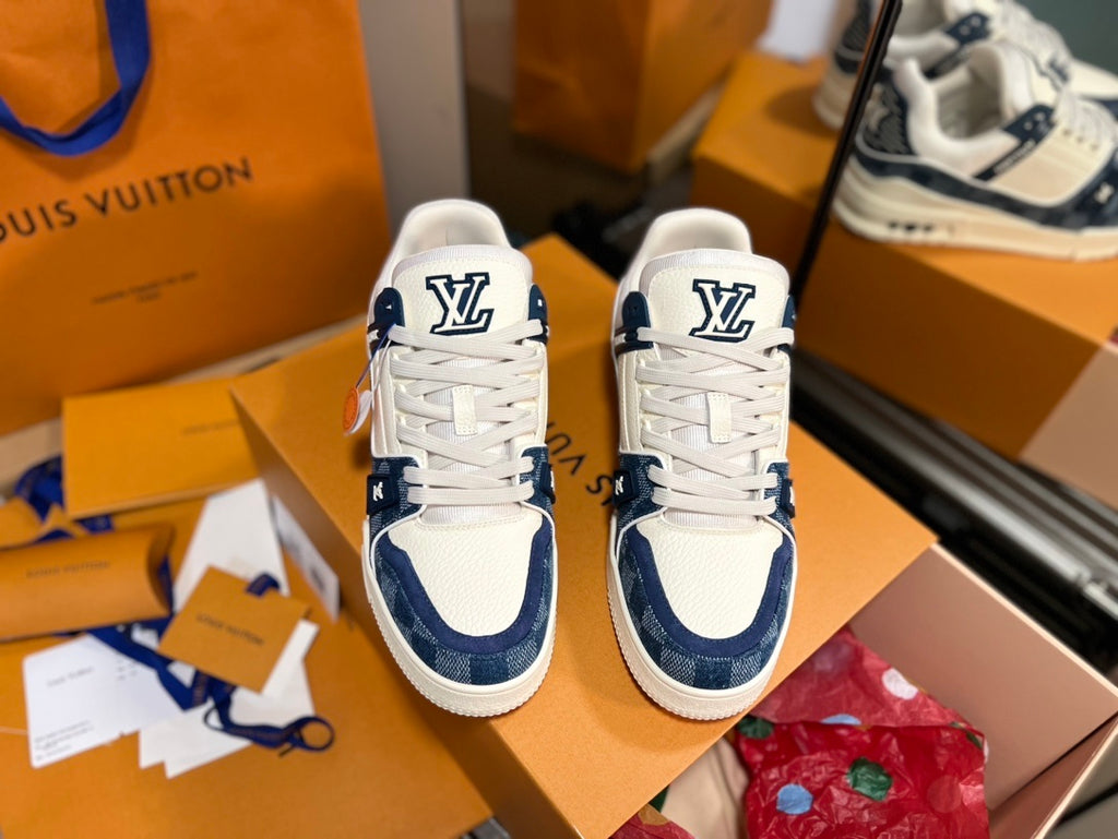 Louis Vuitton LV Trainer Sneaker Monogram Denim White Blue - New In Box